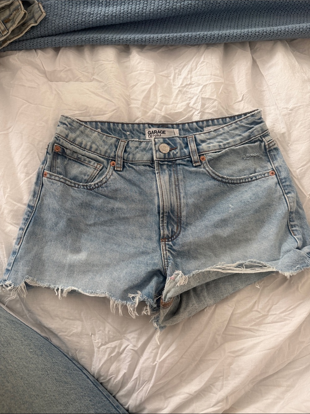 Garage Light Blue Frayed High-Rise Denim Shorts